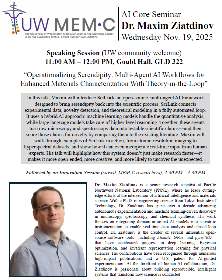 Flyer describing seminar with Maxim Ziatdinov on November 19, 2025